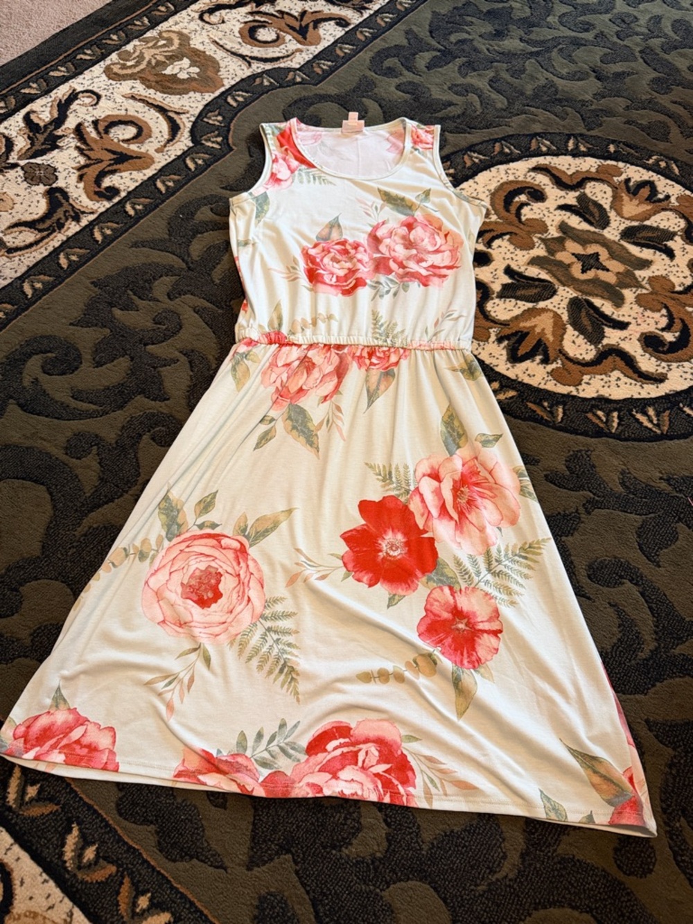 LuLaRoe Cream Floral Sleeveless Dress with Pink and Red Blooms